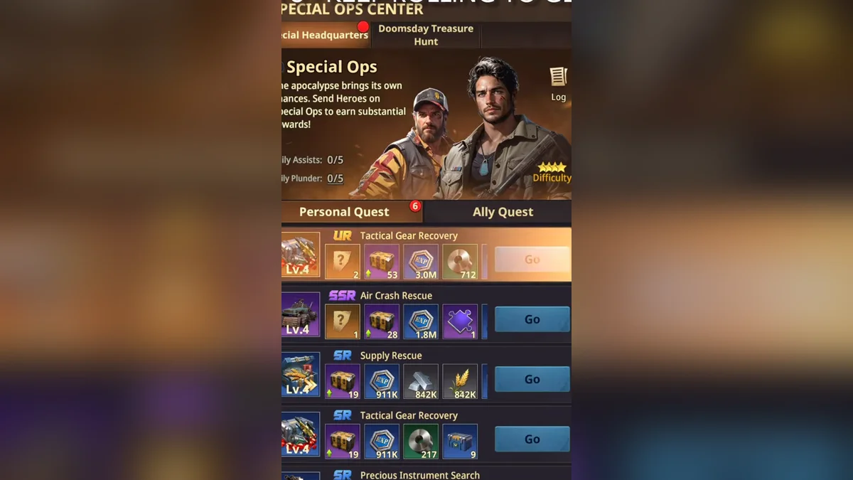 Special Ops Center in Z Route: Redemption with daily assists and plunders and UR, SSR and SR rescue missions