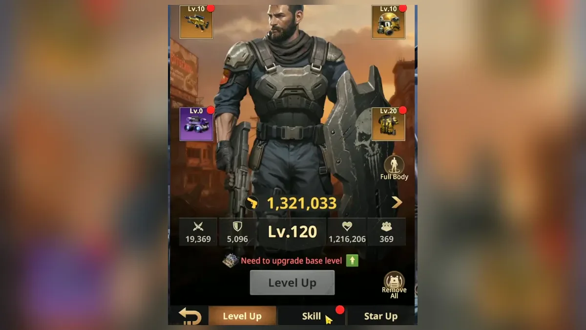 Arnold hero card in Z Route: Redemption with his power, level 120 and the Level Up tab