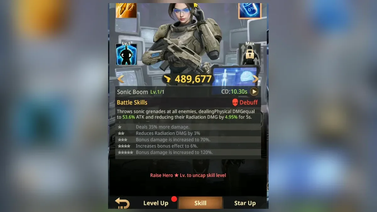 Bekka hero card in Z Route: Redemption on the Skill tab with the Sonic Boom battle skill and its star bonuses