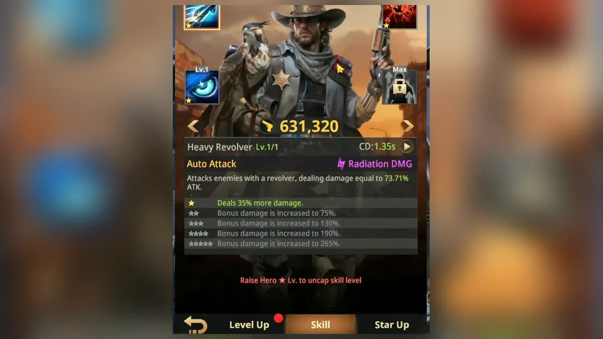 Carter hero card in Z Route: Redemption on the Skill tab with the Heavy Revolver auto attack and Radiation damage
