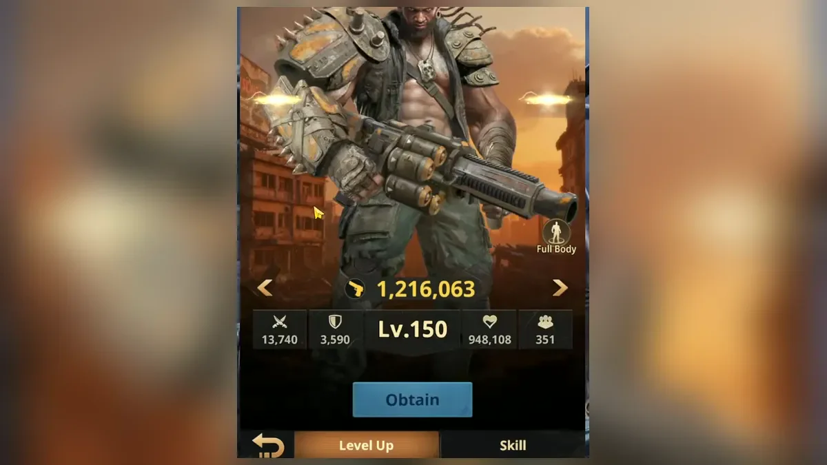 Dirk hero card in Z Route: Redemption at level 150 with his power, stats and the Obtain button