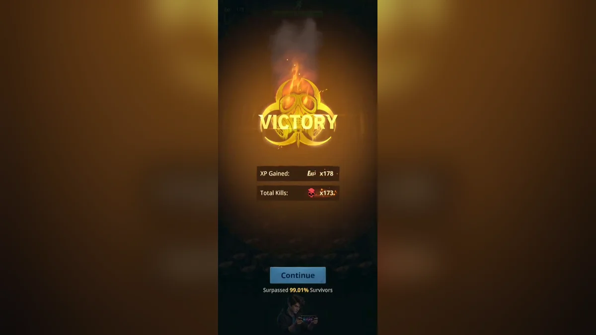 Victory screen in Z Route: Redemption after a campaign stage, with EXP gained, total kills and the Continue button
