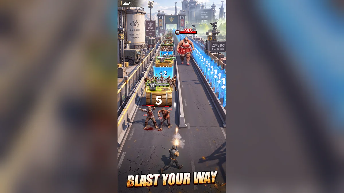 Promotional screenshot of Z Route: Redemption: a soldier runs down the highway toward zombies and a boss