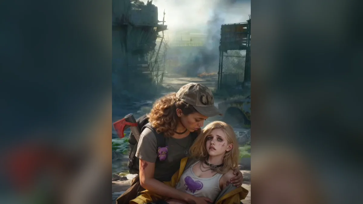 Story scene from Z Route: Redemption: Aria holds the wounded Nora in front of a ruined city