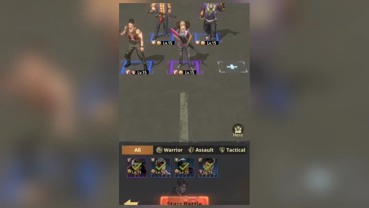 Squad setup screen in Z Route: Redemption with heroes on the field and Warrior, Assault and Tactical filters below