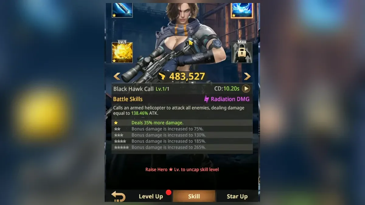 Leah hero card in Z Route: Redemption on the Skill tab with the Black Hawk Call battle skill
