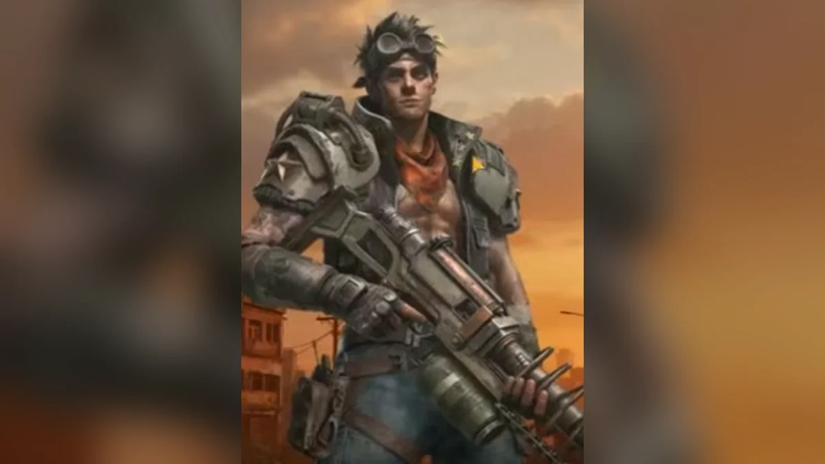 Lucian hero art from Z Route: Redemption: a goggled gunner in shoulder armor with a heavy spiked rifle