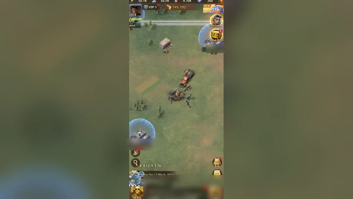 World map in Z Route: Redemption with a march across the field, a player base under a shield and the coordinates box