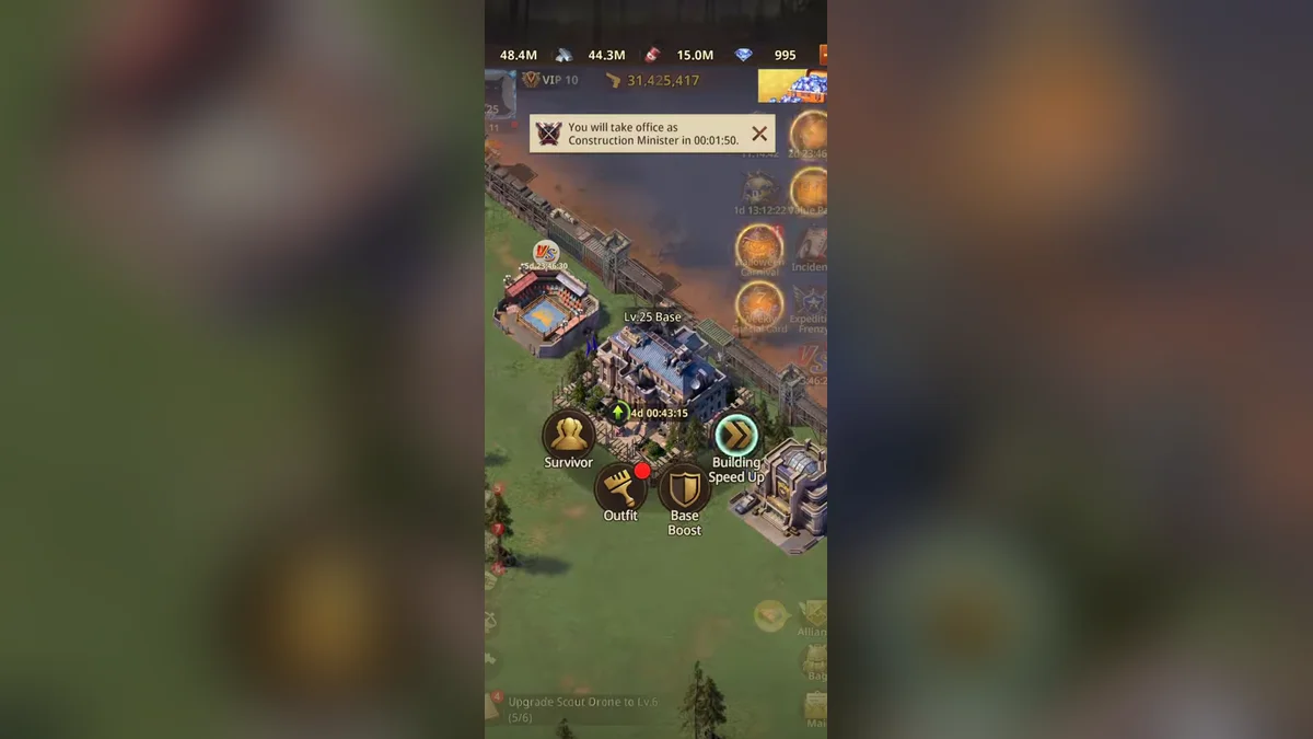 Base in Z Route: Redemption with a notice that the player will take office as Construction Minister, and the base menu