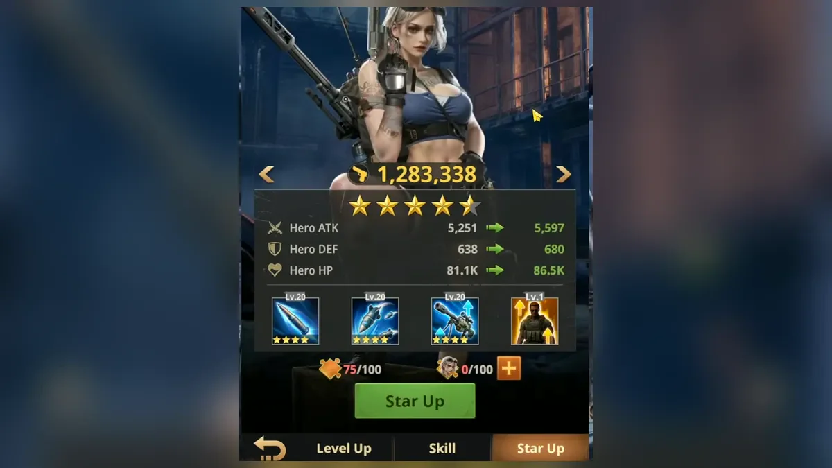 Monroe hero card in Z Route: Redemption on the Star Up tab with her power, stars, Hero ATK, DEF and HP and four skill icons