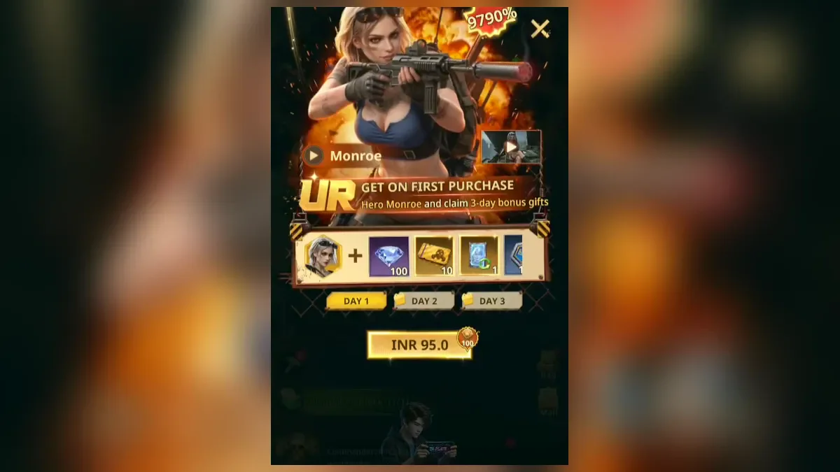 In-game shop offer in Z Route: Redemption: the first purchase pack with the UR hero Monroe and three days of rewards
