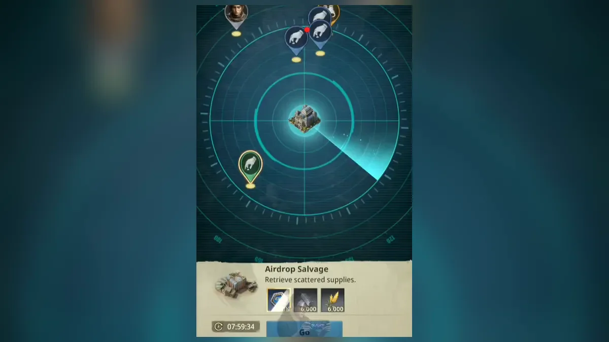 Radar screen in Z Route: Redemption with mission markers and the Airdrop Salvage mission to retrieve scattered supplies