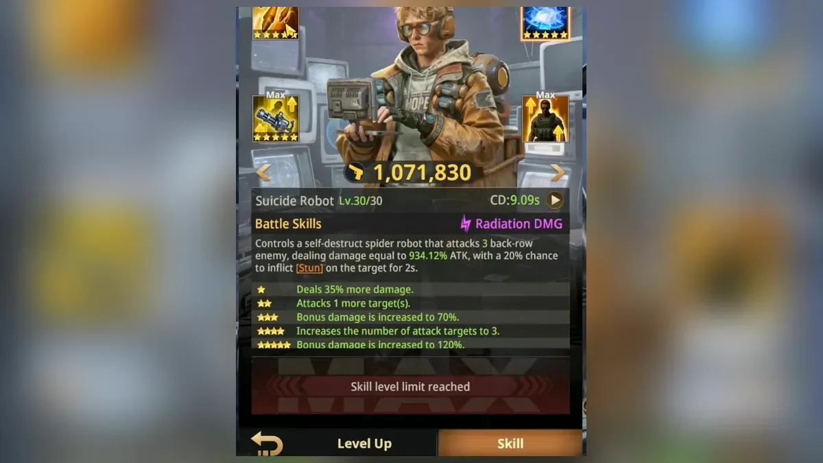 Silas hero card in Z Route: Redemption on the Skill tab with the Suicide Robot battle skill and Radiation damage