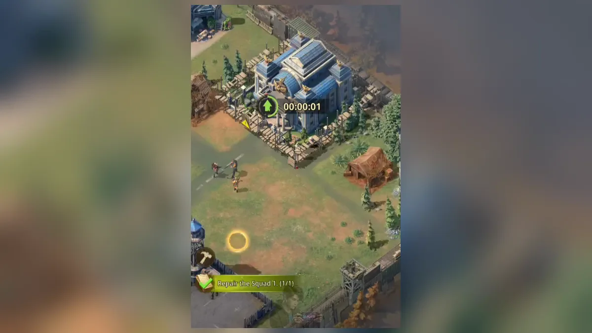 Main base building in Z Route: Redemption during an upgrade, with the timer above it