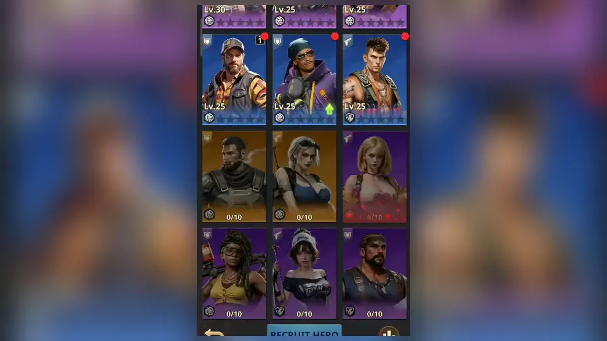 Hero list in Z Route: Redemption with purple SSR heroes, their levels and stars
