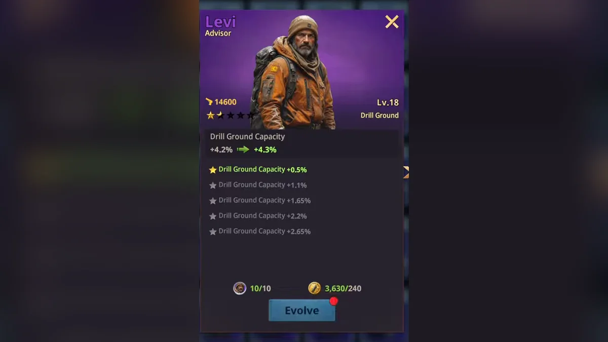 Survivor card of Levi, an Advisor at level 18 in Z Route: Redemption, with Drill Ground Capacity bonuses by star and the Evolve button