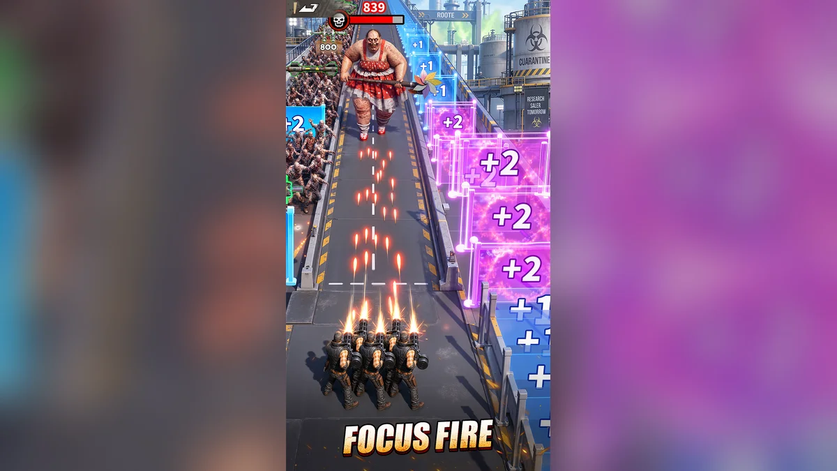 Promotional screenshot of Z Route: Redemption: a squad focuses fire on zombies through boost gates