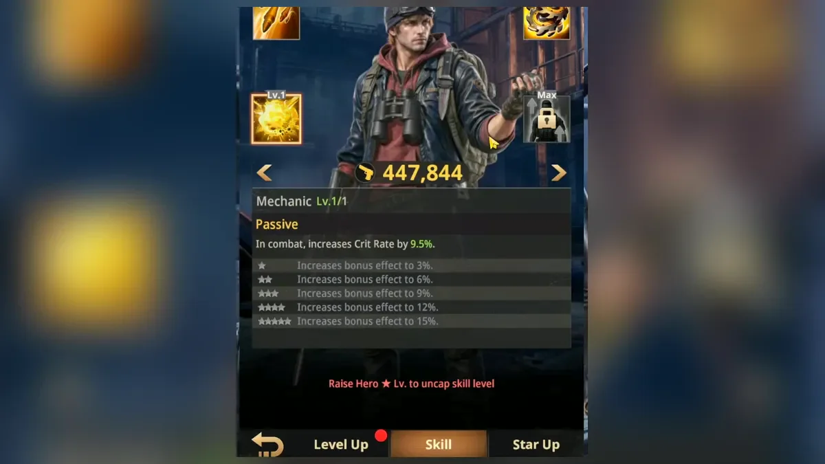 Victor hero card in Z Route: Redemption on the Skill tab with the Mechanic passive that raises crit rate