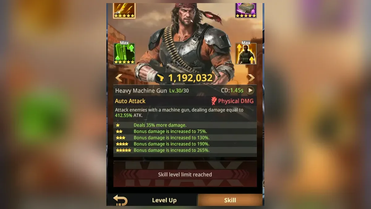 Vince hero card in Z Route: Redemption on the Skill tab with the Heavy Machine Gun auto attack at level 30