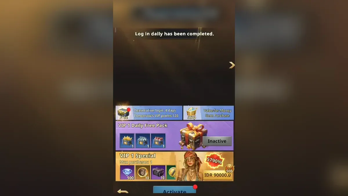 VIP 1 offers in Z Route: Redemption: a daily free pack, the VIP 1 special pack and the Activate button