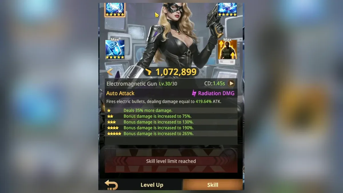 Yana hero card in Z Route: Redemption on the Skill tab with the Electromagnetic Gun auto attack and Radiation damage